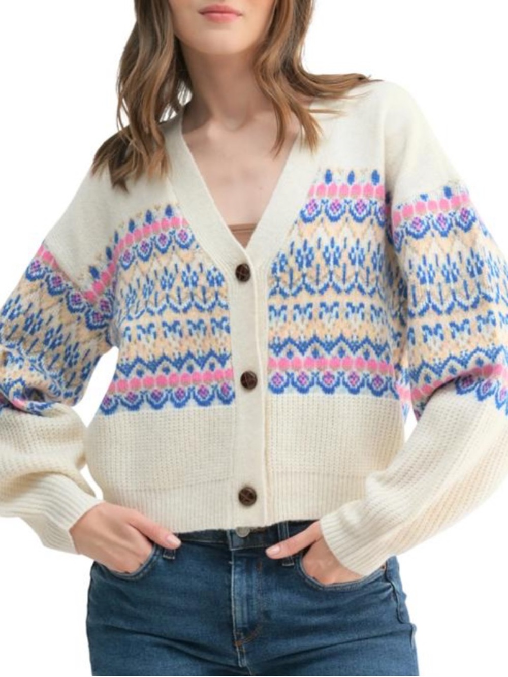 Lush womens Fair Isle Knit Cardigan sweater relaxed oversized large boho preppy